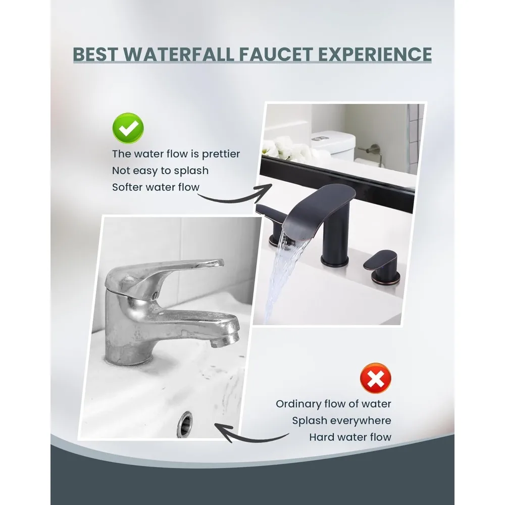 Grifo de baño de cascada generalizado de 3 orificios y 8 pulgadas, mezclador de lavabo de tocador de 2 manijas con drenaje y mangueras, bronce frotado con aceite