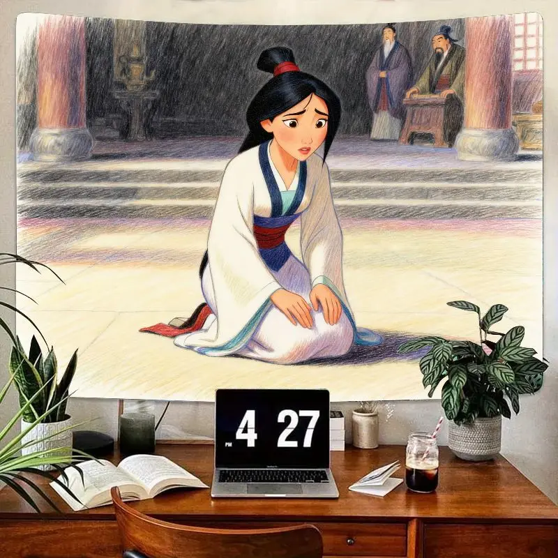 

1 шт., гобелен Disney Mulan Pensive Warrior Girl, современный полиэстер, настенный художественный декор для гостиной, спальни, подарок для фанатов Мулан