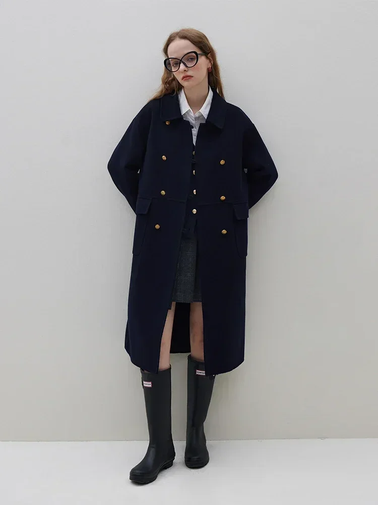 FSLE 100% Wool College Style Women Navy Blue Long Woolen Jackets Drop Sleeve Design Casual Winter New Female Grey Wool Coats