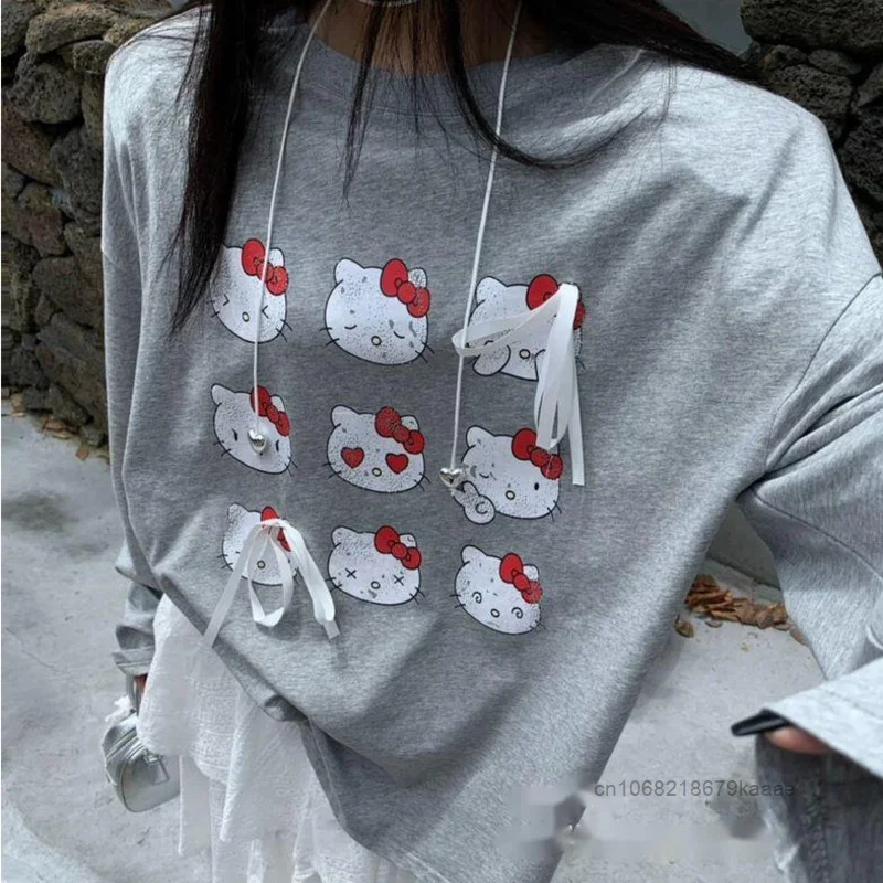 Sanrio Hello Kitty Pure Cotton Korean Version Top Bow Design Cartoon Print Long Sleeved T-shirt Women Mid Long Style Casual Tees