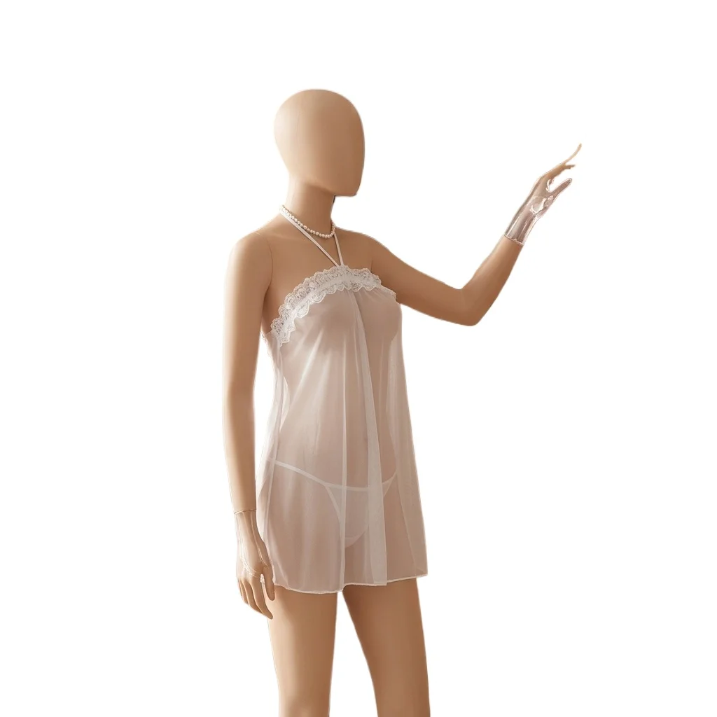 Lingerie Woman Halter Mesh Nightdress Thongs Suit Transparent See-Through Sleepwear Apron Hot Exotic Perspective Intimates