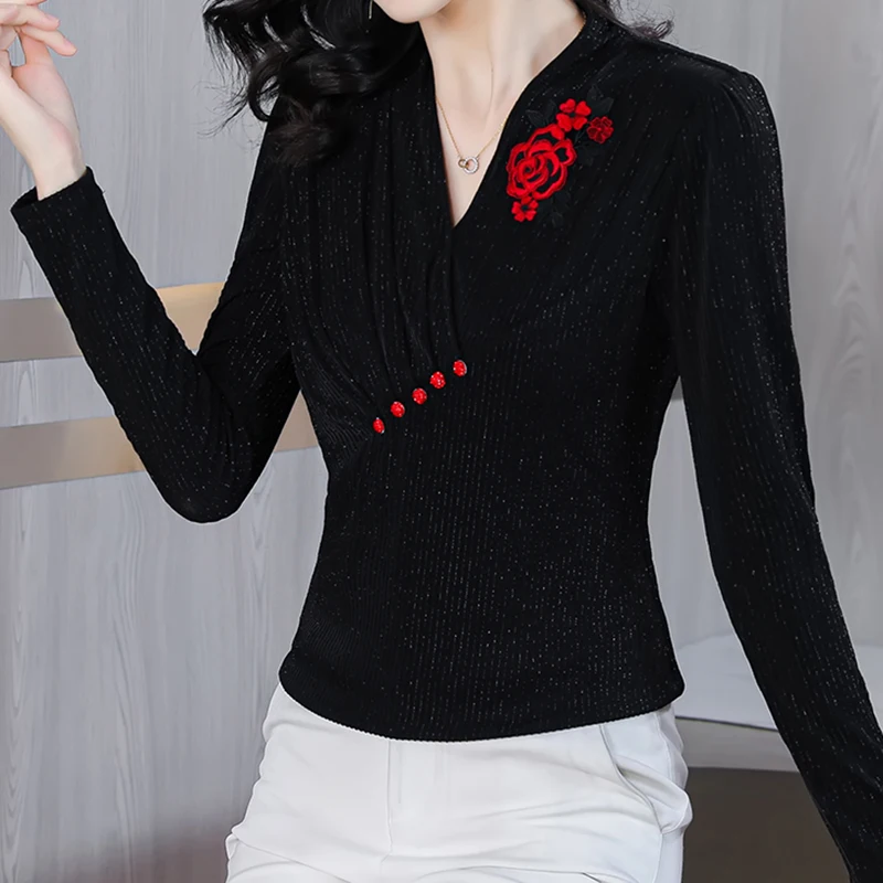 EVNISI Elegant Floral Embroidery Women Blouse V-Neck Long Sleeved Casual Black Office Tops Autumn Chic For Women Slim Shirt