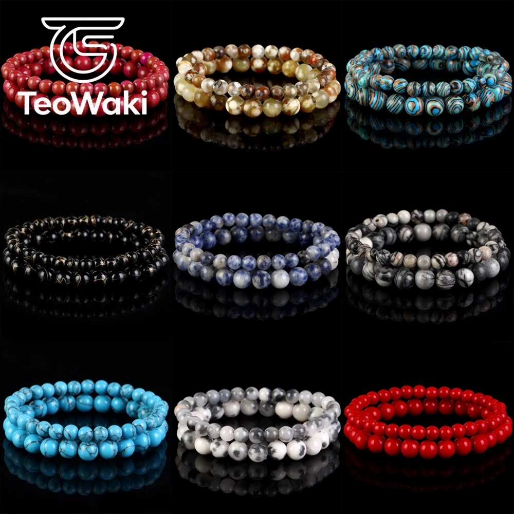 TeoWaki Natural Stone Round Beaded Bracelet Elastic Bracelet Stackable Wrist Jewelry Multiple Color Choices Daily Gift Wear 19cm