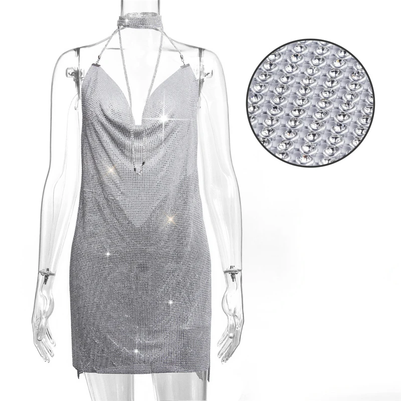Damen Neckholder-Minikleid mit Strass-Netzstoff, Wasserfallausschnitt, Rückenfreies Bodycon-Kleid mit Schlitz, Kurzes Kleid für Nachtclub und Geburtstagsfeiern – Detail 6