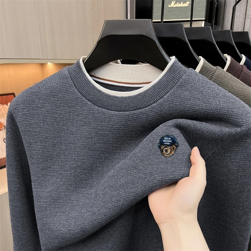 New Autumn Trendy Men's Advanced Knit Sweater Embroidery Solid Color Soft O-Neck Long Sleeve Tops Comfortable Casual Men's Wear
