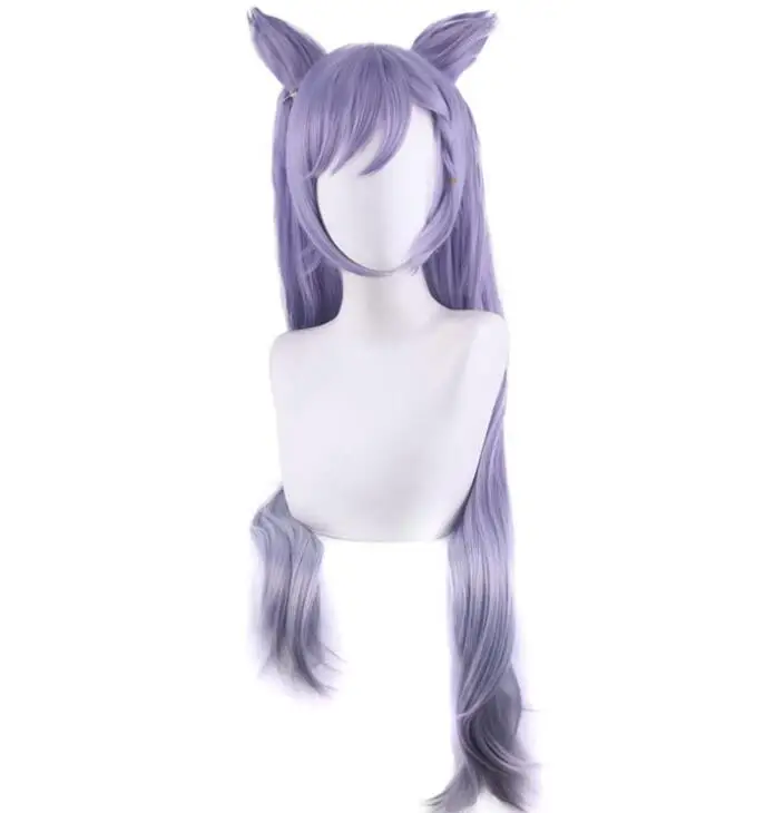 Peruca Cosplay Genshin Impact com Orelhas, Perucas Cosplay Keqing, Rabos de Cavalo Jogo, Cabelo Sintético Resistente ao Calor, Roxo Misto, 2 Tipos