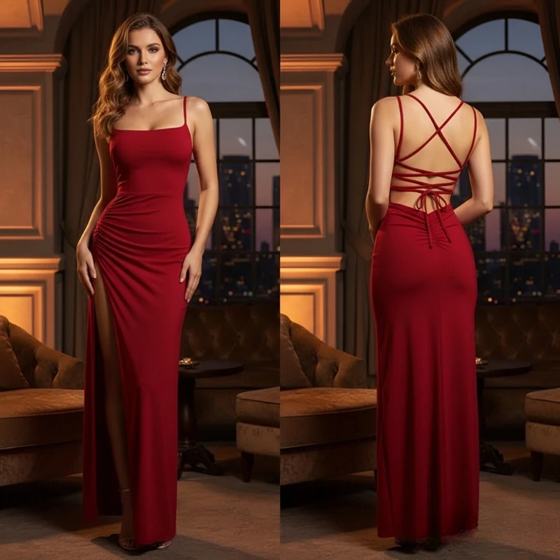 เดรสยาวแฟชั่นฤดูร้อนใหม่สำหรับผู้หญิง คอวี สายเดี่ยว แต่งลูกไม้ผูกคอ เซ็กซี่ ผ่าข้าง ทรงเข้ารูป ไม่มีแขน สีพื้น