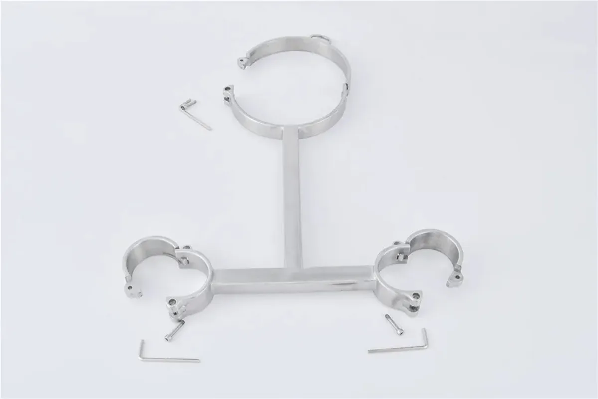 Screw Lock Stainless Steel Bondage Yoke Pillory Handcuffs Shackles Wrist Cuffs Neck Ring Collar Restraints Cangue Adult Sex Toy