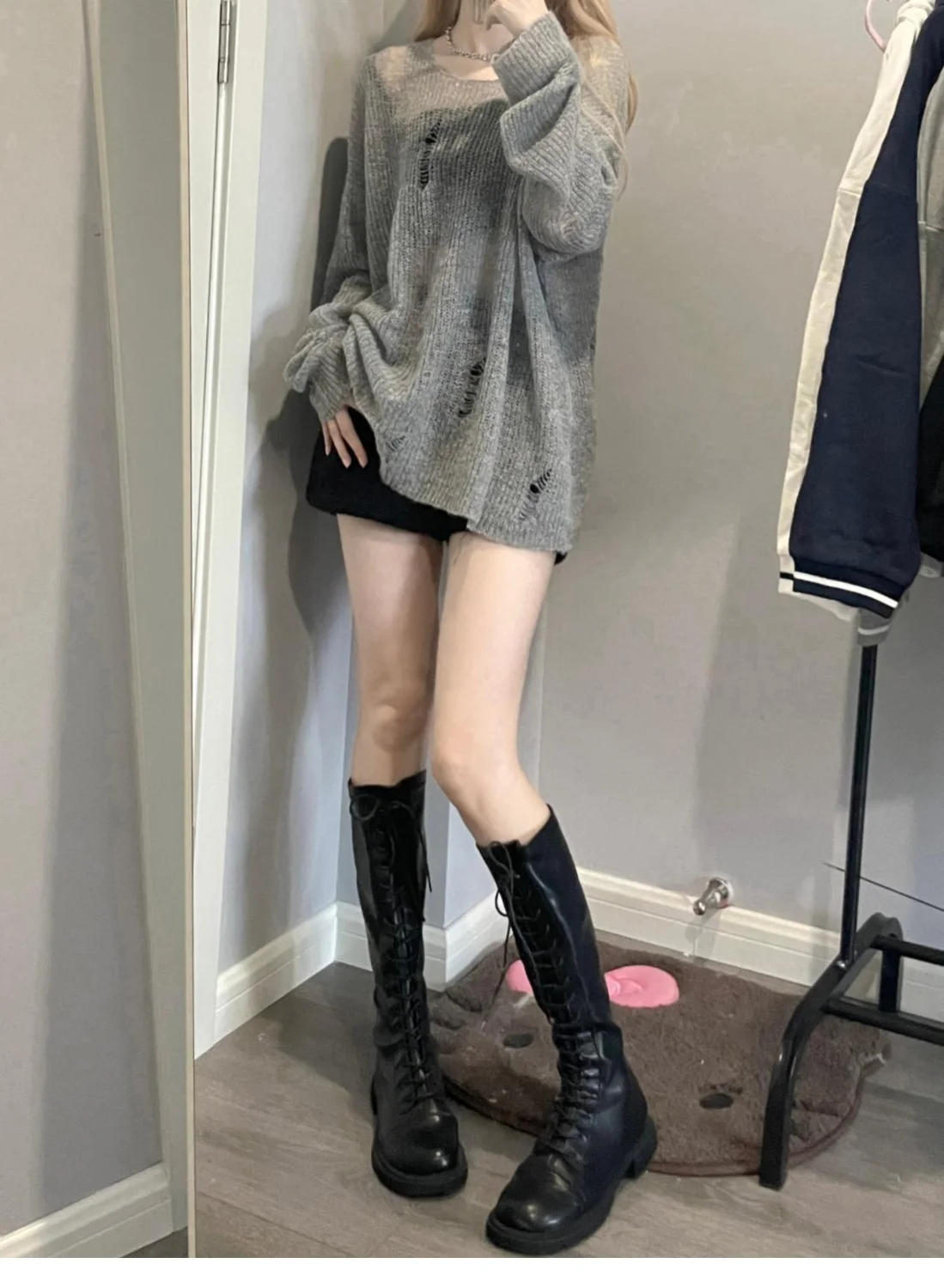 Gray Raglan Hoodie Thin Sweater Autumn and Winter Women Long Sleeve Knit Loose Sunscreen Retro Casual