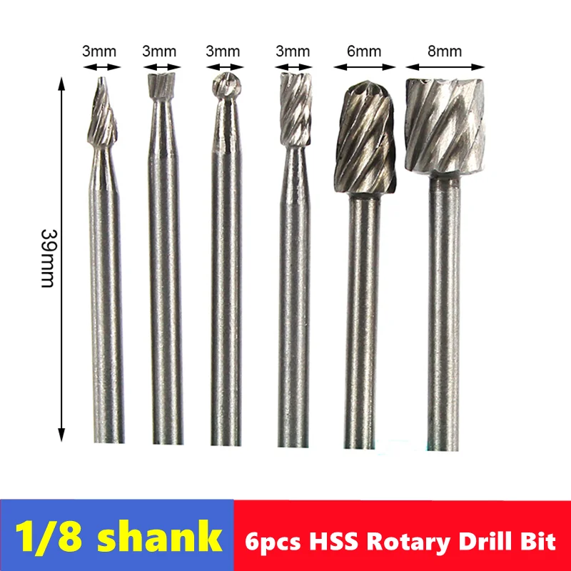 6pcs HSS Routing Milling Bit  3.175mm Shank Rotary Milling Cutter for Dremel Rotary Tools Mini Drill Bit Rotary Burrs