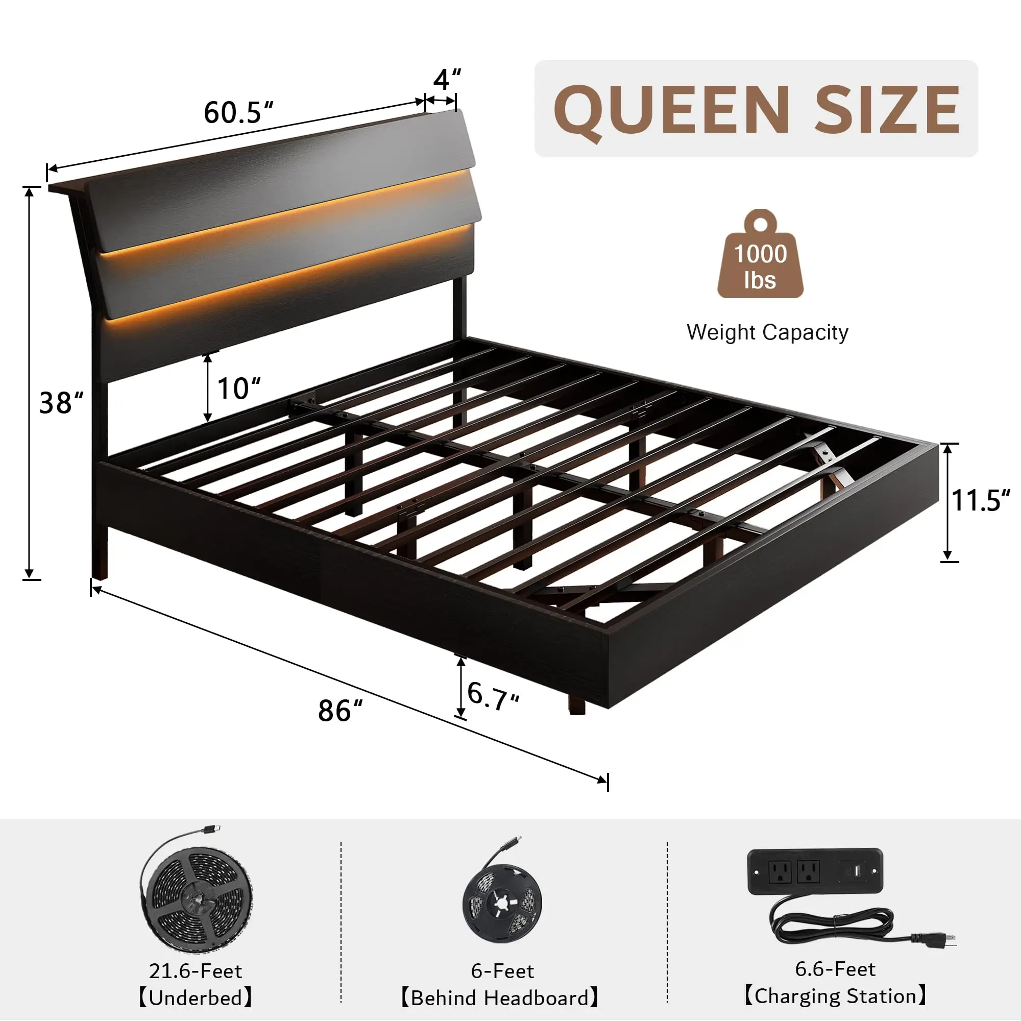 Queen Floating Bed Frame with LED Lights & Charging Station, Platform Bed with Wooden Storage Headboard, Steel Slats image 2