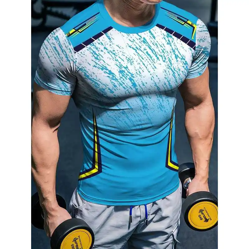 Men's High-Stretch Quick-Dry Blue White Splatter Fitness Top Contrast Line Athletic Short Sleeve Tight Muscle-Defining Moisture-