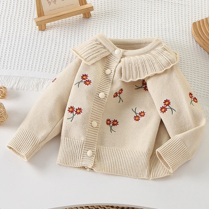 2025 New Autumn 2-6Yrs Baby Girls Knitting Cardigan Coat Kids Long Sleeved Embroidery Loose Sweater Coat Children Clothing