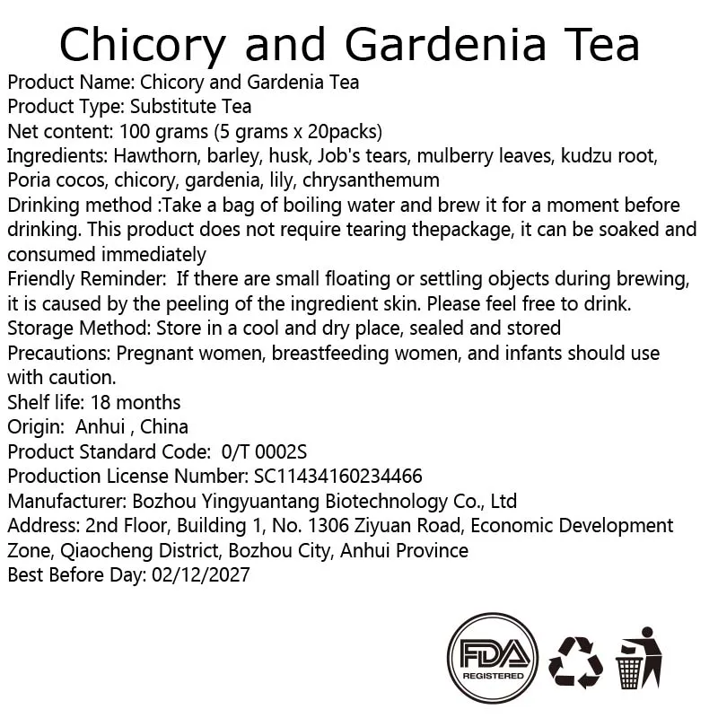 Té de chicoria Gardenia, rico en antioxidantes, calma problemas de digestión, mejora la inmunidad, sin azúcar, puro, 20 paquetes