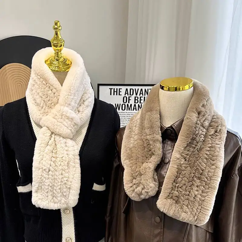 Écharpe en vraie fourrure de lapin Rex pour femmes, écharpe en peluche Simple et chaude, faite à la main, Double face, épaisse, polyvalente, collier en fourrure