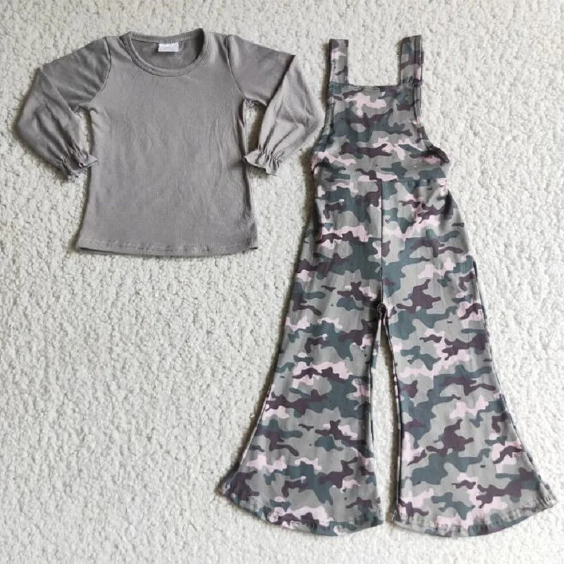 

New Spring Fashion Kids Grey Camo Suspender Camouflage Suit Boutique Wholesale Baby Girls Children Clothing Outfits