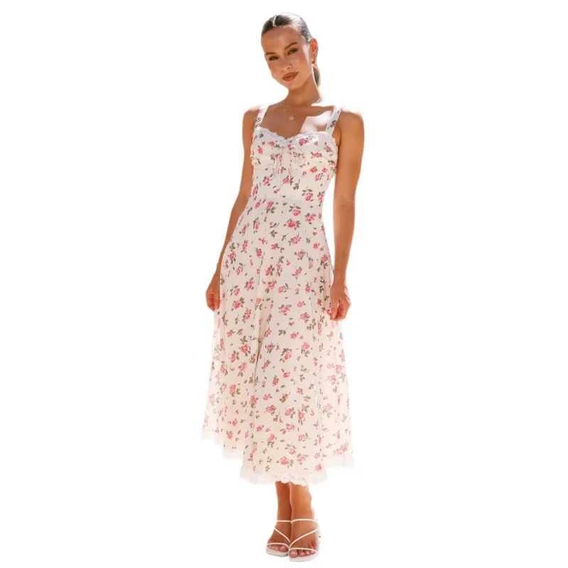 Abito da donna in pizzo stile francese - Abito lungo sexy con spacco aderente con scollo a V e ritagli laterali e accento in vita