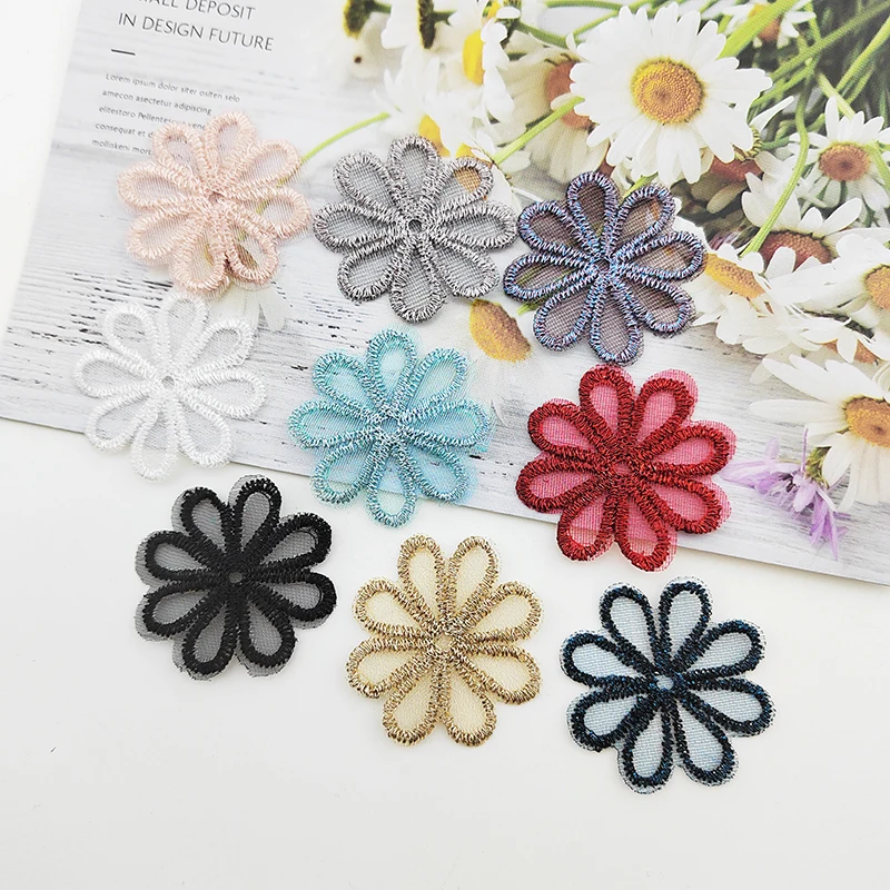 Exquisite Embroidered Mesh Flower Appliques, DIY Headwear, Hair Clips, Decor Clothes Patches, Accessories, 3.2cm, 50Pcs