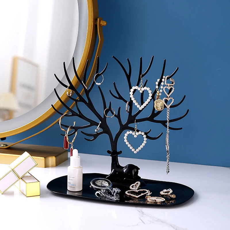 Desktop Jewelry Display Organizer Multi functional Tree Stand With Tray Earrings Necklaces Rings Jewelry Storage Box Decoration