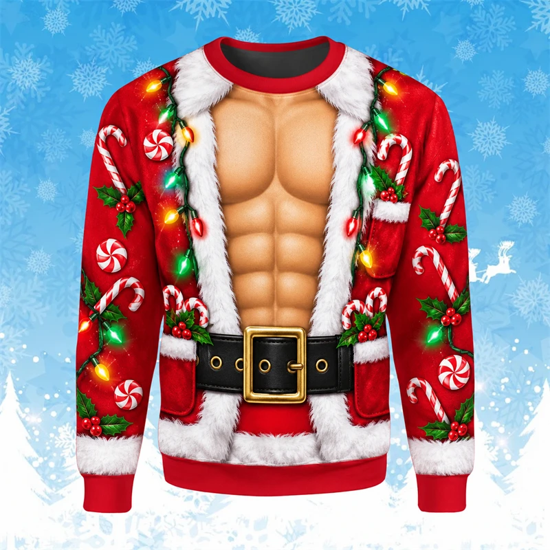Funny Fake Santa Muscle Graphic Costume Sweatshirt Unisex 3D Print Pullover Muscle Print Ugly Christmas Sweater Party Winter Top
