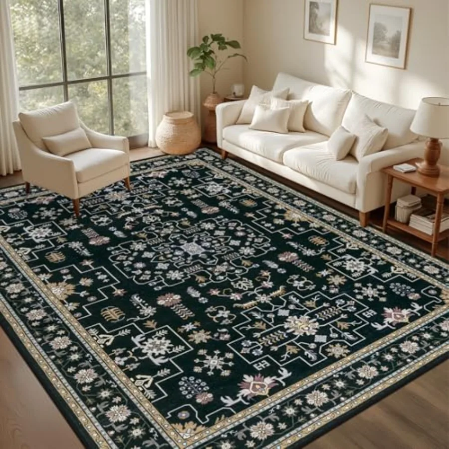 

Living Room Area Rug: Washable Vintage Boho Medallion Rug in Black, Stain-Resistant Soft Polyester Carpet with Non-Slip Backing
