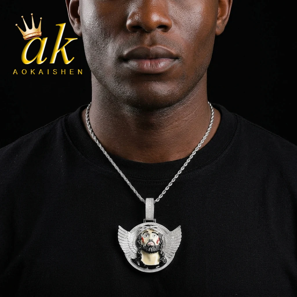 

Ожерелье-кулон Aokaishen Iced Out Disc Jesus Wing для мужчин, позолоченное, с кубическим цирконием, в стиле хип-хоп