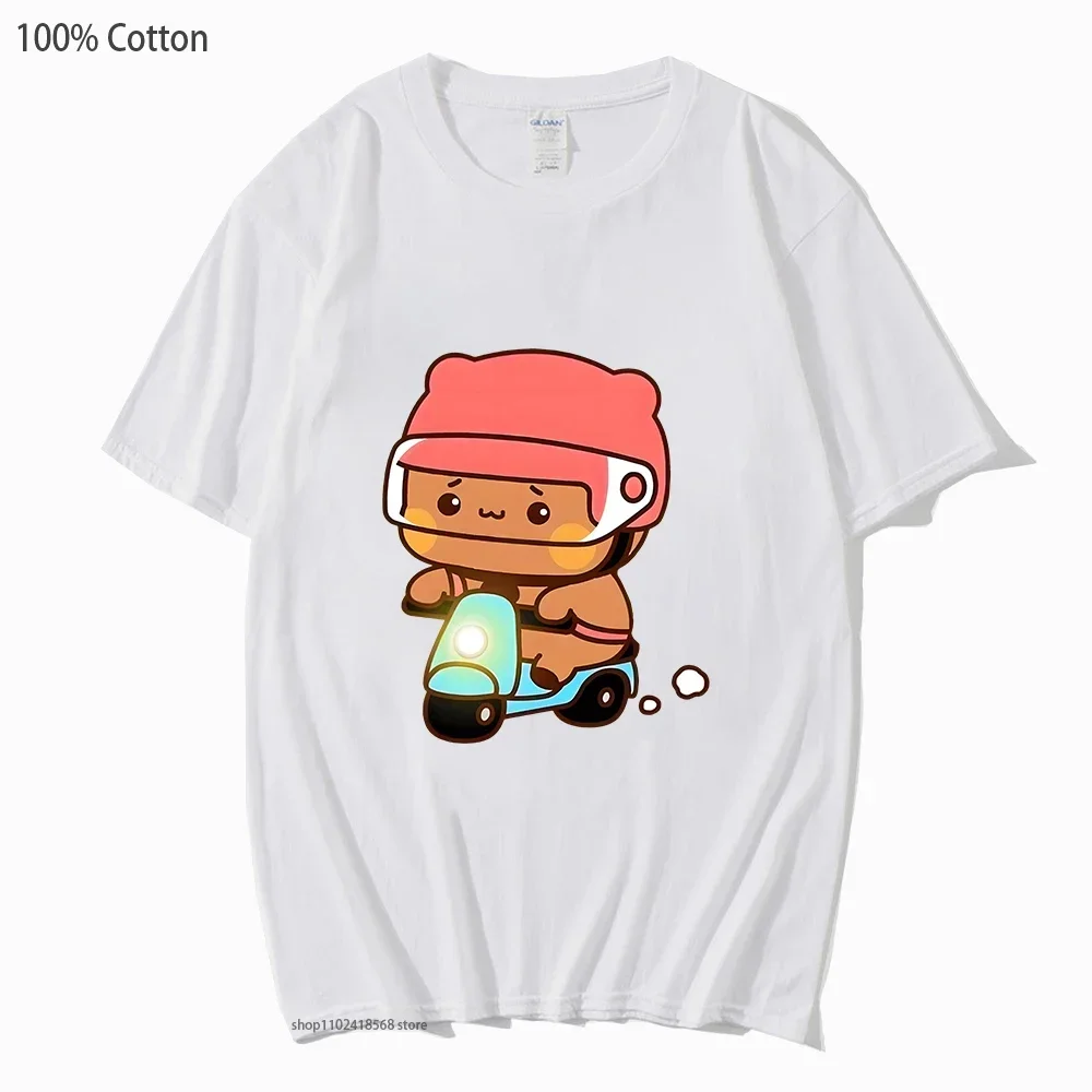 Couple Shirt Cartoon Bubu Dudu T-Shirts Mochi Brownie Bear Bike Riding Tshirt Women Kawaii Y2k Top 100% Cotton Summer Clothes