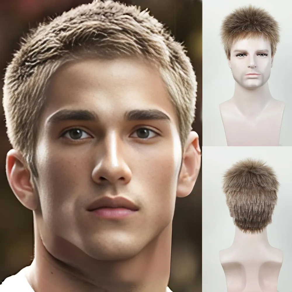 Men's Short Straight Spiky Textured Wig Brown/Black Blended Heat Resistant Fiber Casual Party Hairpiece for Men