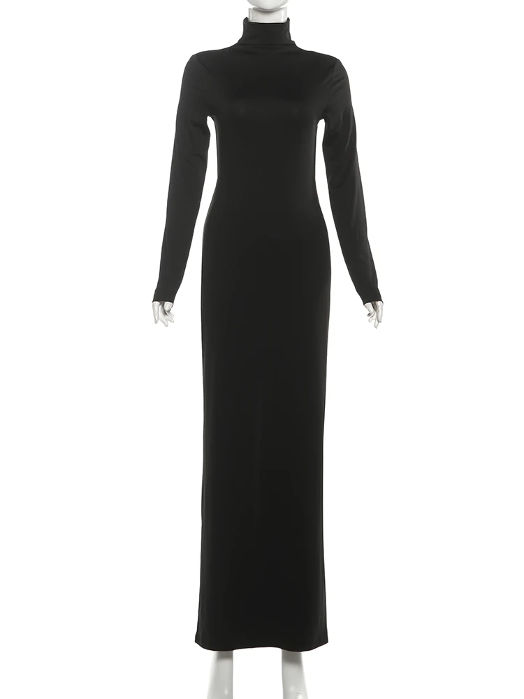 이버 클래식 백리스 분할 원피스 여성 터틀넥 버튼 전체 소매 우아한 섹시한 간단한 복숭아 엉덩이 스트레치 스키니 바디 콘