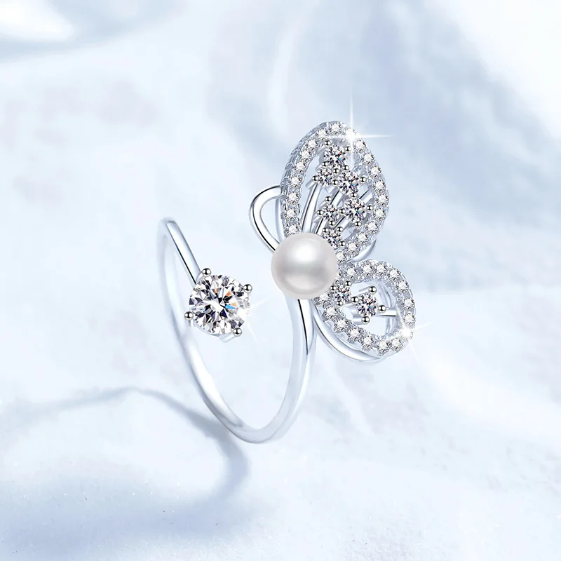 

PT950 Butterfly Moissanite Ring with Freshwater Pearl Adjustable Platinum Jewelry Luxury Gift for Women