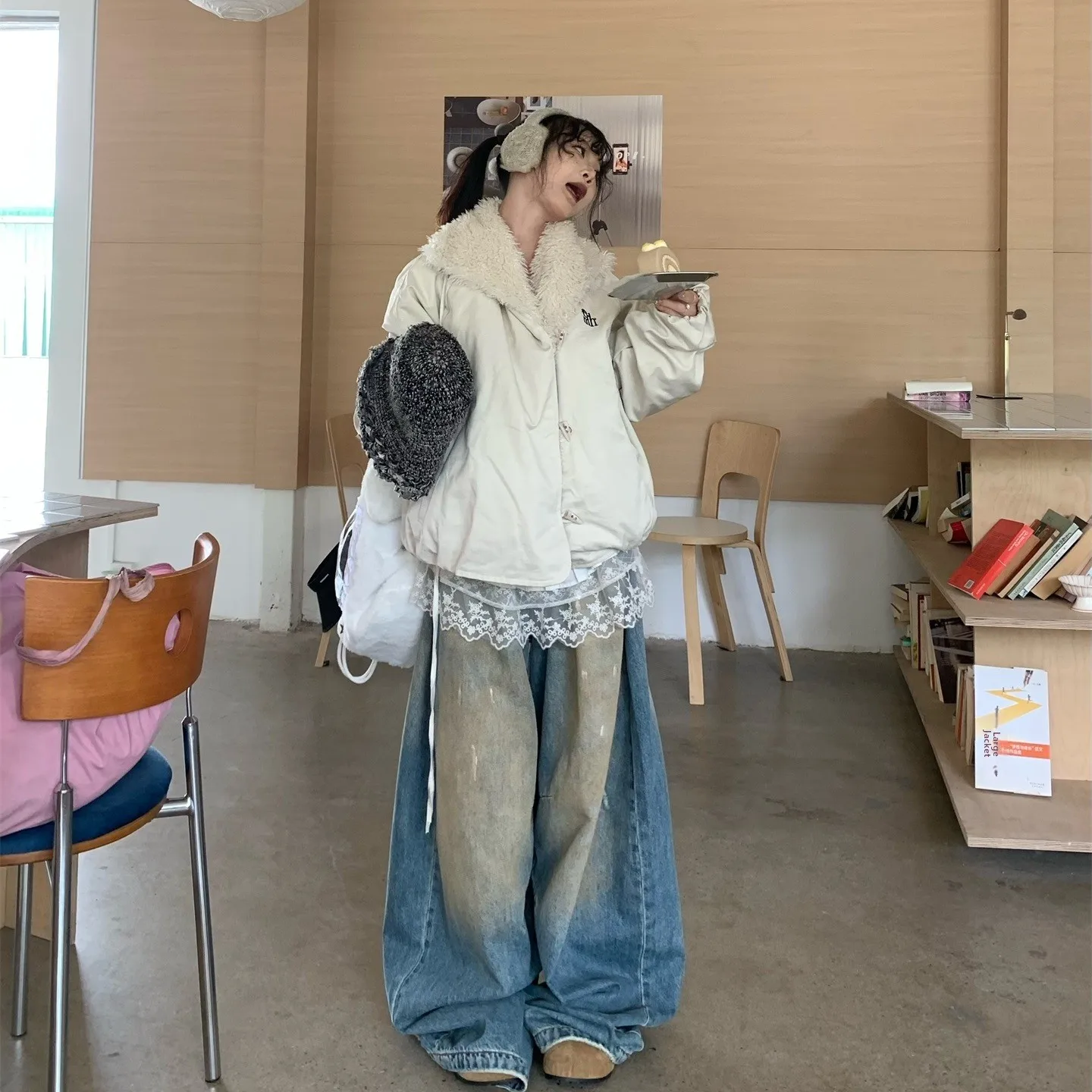 

Thiened Fluffy Plaid Cotton Jaet Women's Loose Casual Autumn Winter Coat Long Sve Zipper Closure Color Street Sle