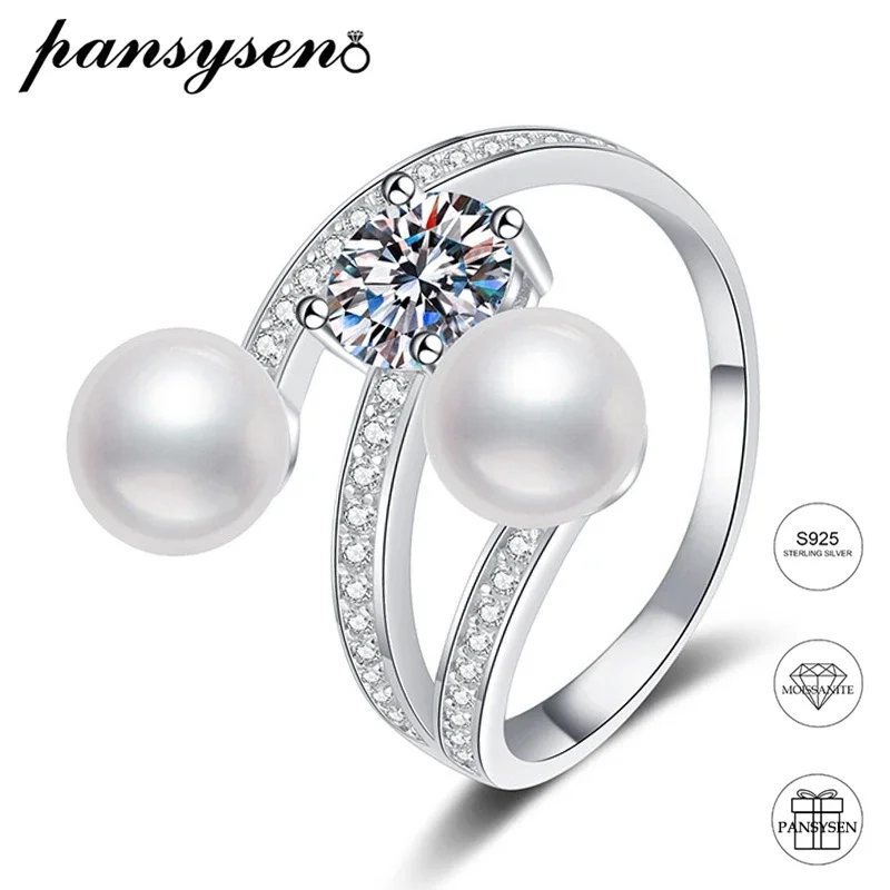 

Classic 925 Sterling Silver 6.5MM Moissanite Natural Freshwater Pearl Open Ring for Women Wedding Engagement Fine Jewelry Gift