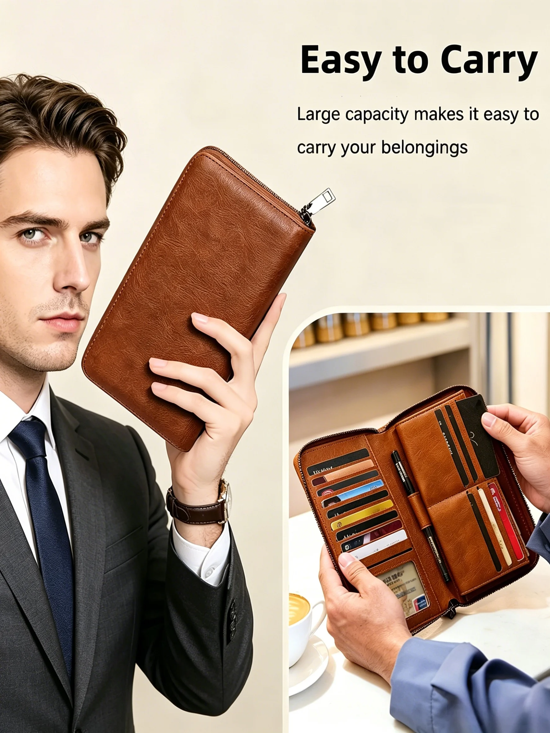 Portefeuille long pour homme avec grande capacité, pochette pour homme avec 15 emplacements pour cartes et fenêtre d'identification, bracelet détachable, sac à main antivol en PU