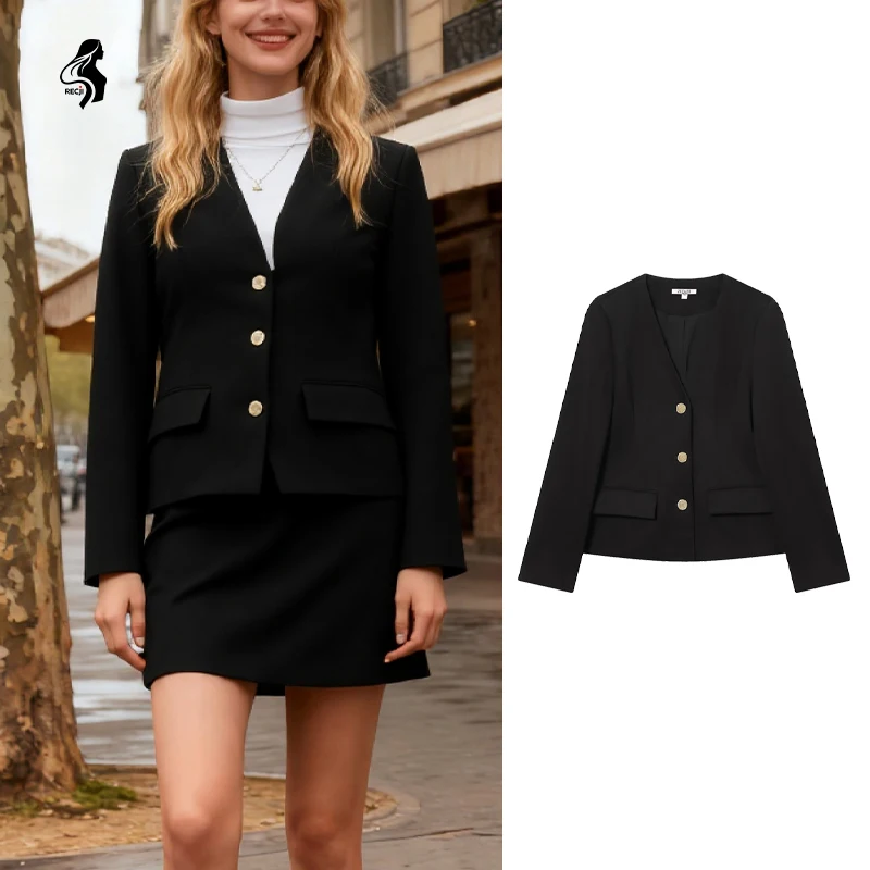 

Womens Fashion Blazer Collarless Single Breasted Short Shoulder Padded Elegant Blazer Workplace Commuter Outfit Trafizaran