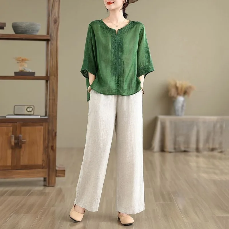 Women Summer Retro Eembroidery T-shirt 2026 New Middle Aged Mother Thin Loose Eembroidery Ramie Shirts Tops And Pants Sets 2PCS