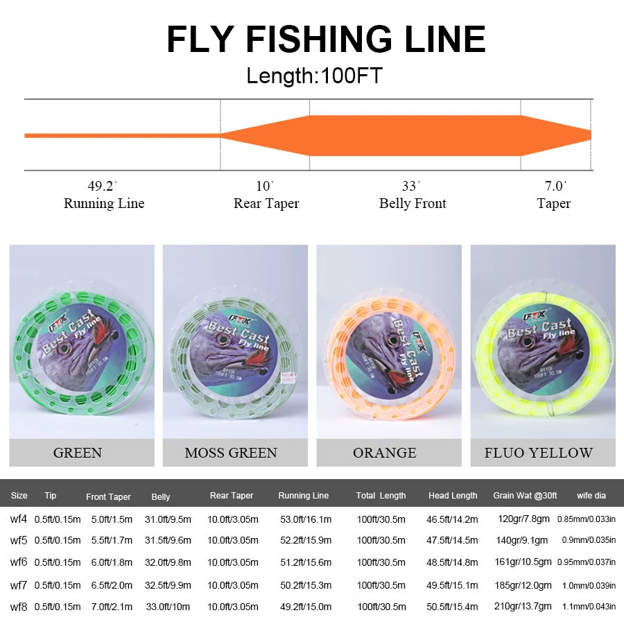 FISH KING 100FT/30.5M peso Forward Fly Line linea interna intrecciata in Pe al di fuori della linea di pesca a mosca affondante con punta superiore