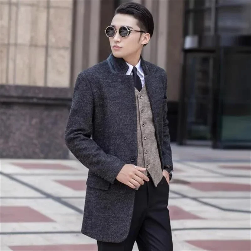 Korean Woolen Coat Men Winter Stand Collar Business Casual Slim Dark Gray Single Breasted Suit Jaqueta Masculinas Black Grey