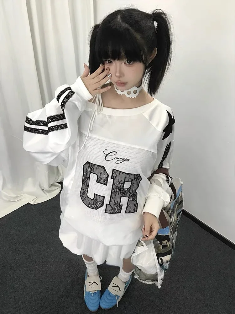 HOUZHOU Vintage Y2k Damen Weiße Sweatshirts Kpop Übergroße Sexy Off Shoulder Jersey Tops Blokecore Langarm Grunge Ästhetik