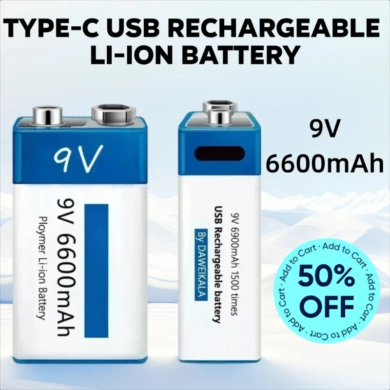 

9V 6600mAh Type-C USB for Multimeter Microphone Toy Remote Control Rechargeable Li-ion Battery