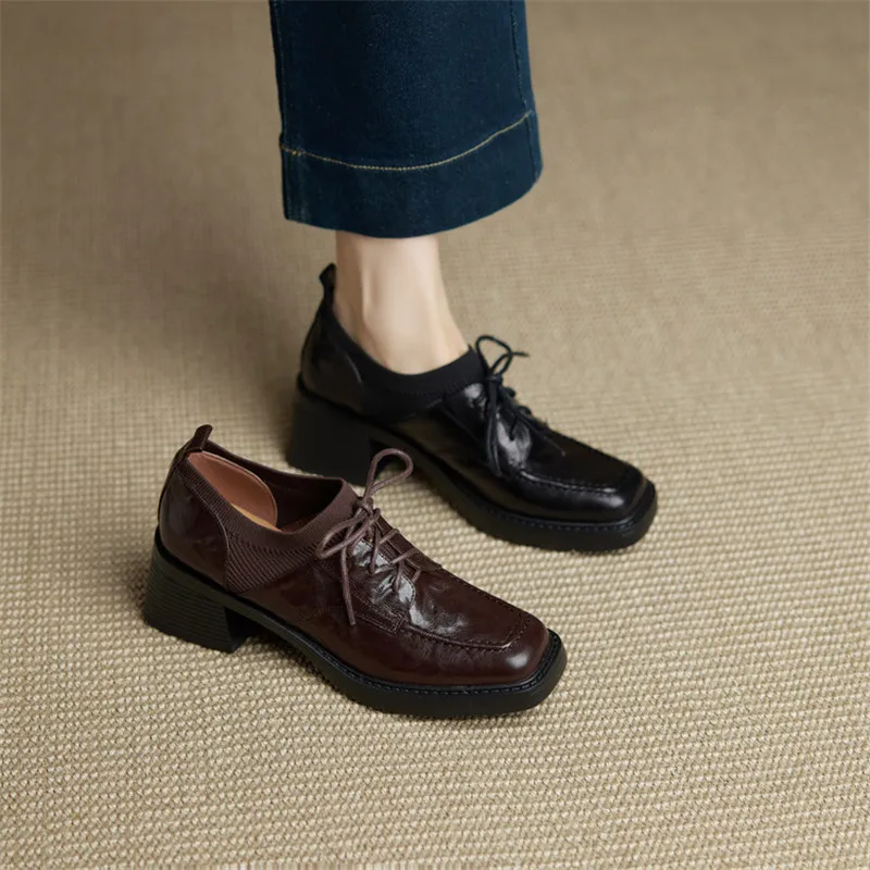 

Новая весенне-осенняя женская обувь из натуральной кожи, лоферы с квадратным носком, женские модные кружевные женские туфли-лодочки на массивном высоком каблуке