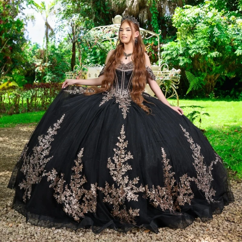 

Black Shiny Quinceanera Dresses Off The Shoulder Applique Lace Beading Crystal Bow Tull Corset Party Birthday Sweet 16 Dress