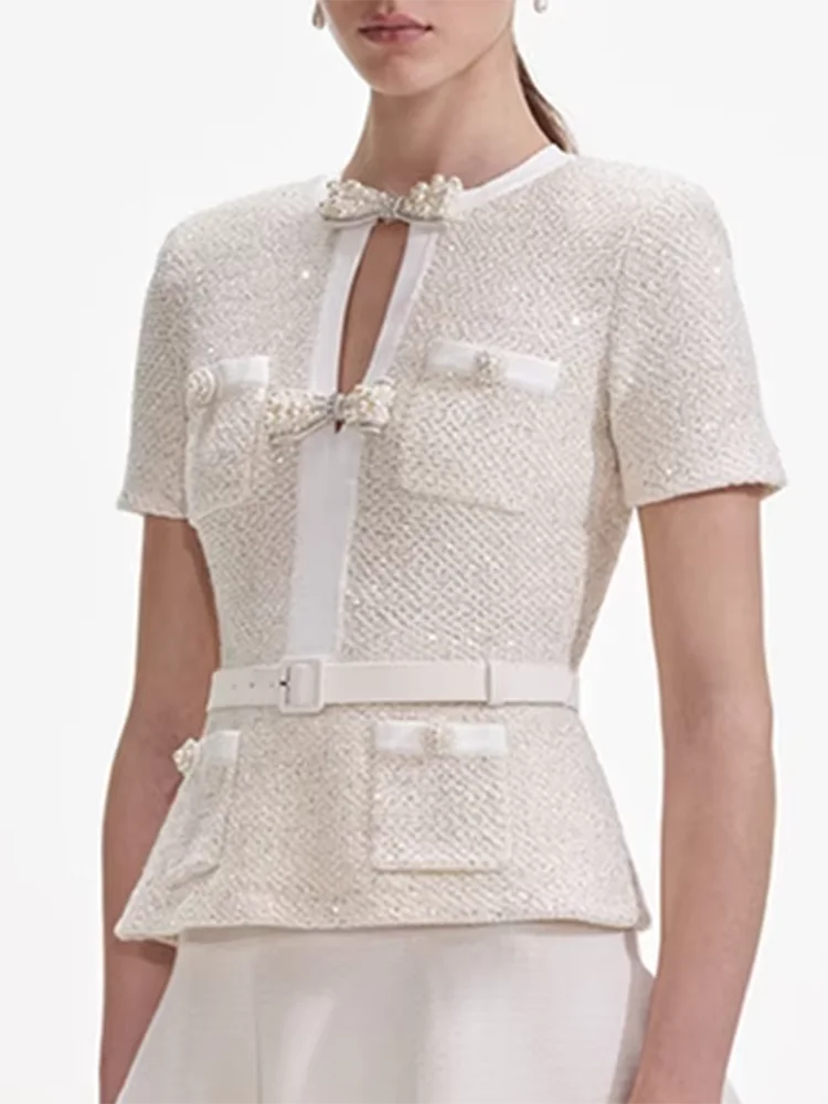 VGH French Elegant Spliced Bowknot Slimming Solid Jackets For Women Round Neck Short Sleeve Elegant Coat Female Fashion Style