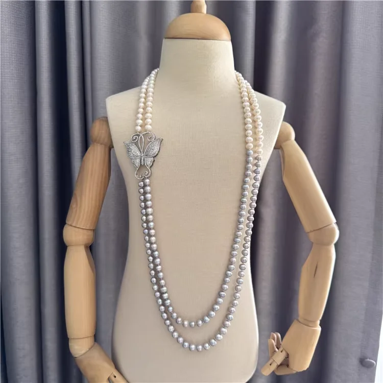 

32-33-дюймовое двухслойное ожерелье с цирконием из натурального жемчуга для женщин