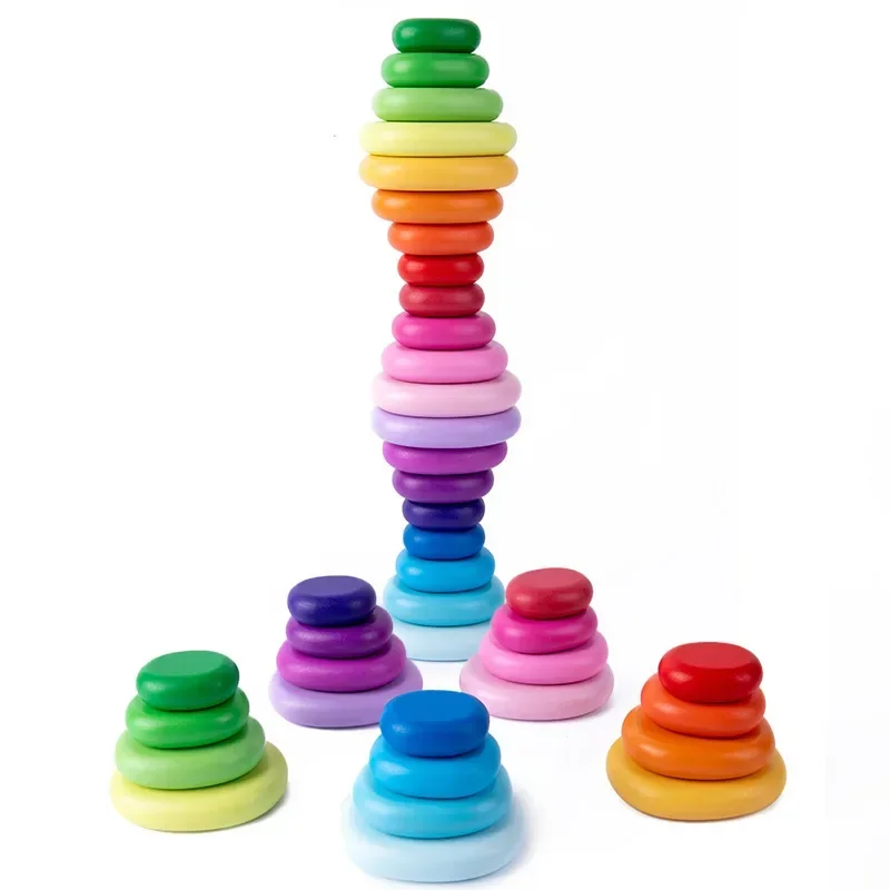 Children Early Education Color Recognition Wooden Stacked Stone Toys 2024 Funny Rainbow Stacked Stones Pebble Building Blocks