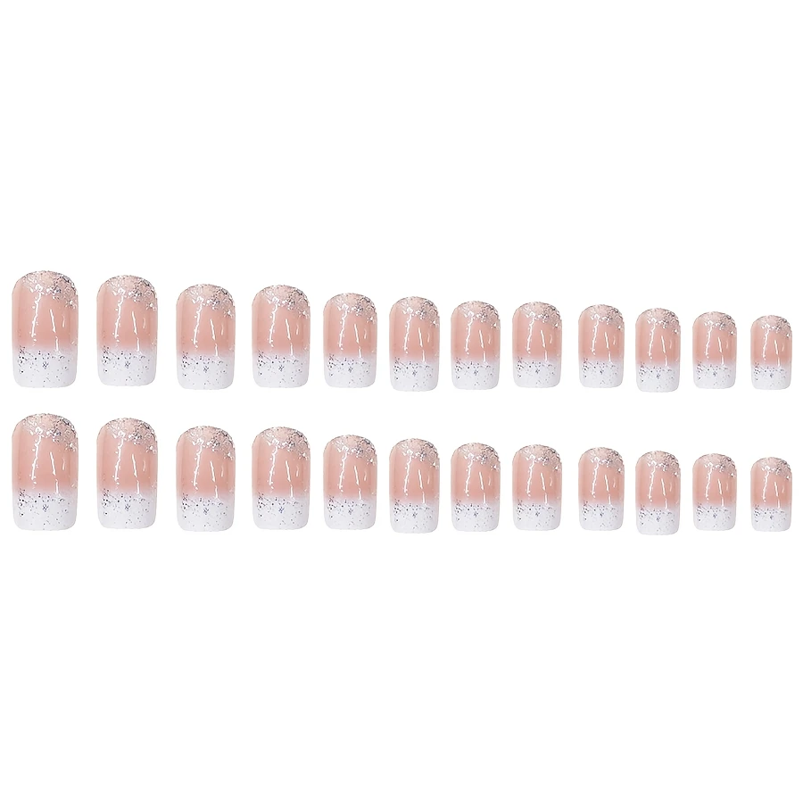 24 pièces moyen Long brillant carré scintillant blanc Style français portant des ongles, faux ongles doux et doux, Nail Art de mariée pour femmes