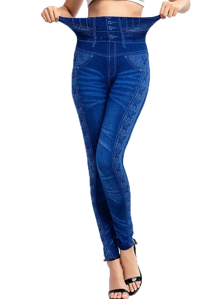 INDJXND drukowanie boczne bezszwowe Jeggings Push Up Sport sztuczny jeans legginsy z wysokim stanem ciepłe elastyczne kobiety wysokiej talii ołówek spodnie