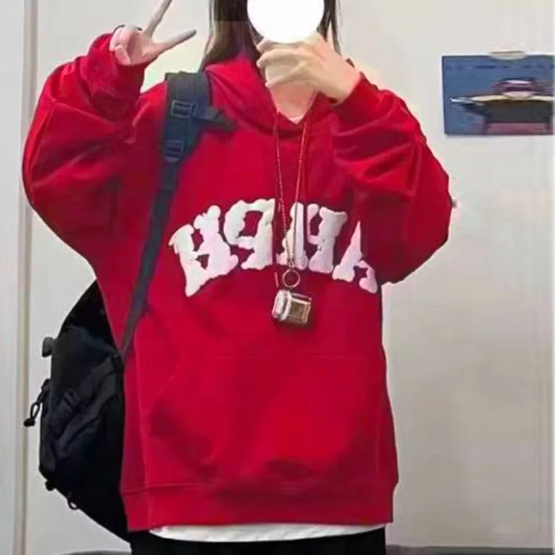 Christmas Red Hooded Sweatshirt Women Oversized Hoodie Harajuku Korean Fashion Long Sleeve Pullovers Preppy Look Aesthetic