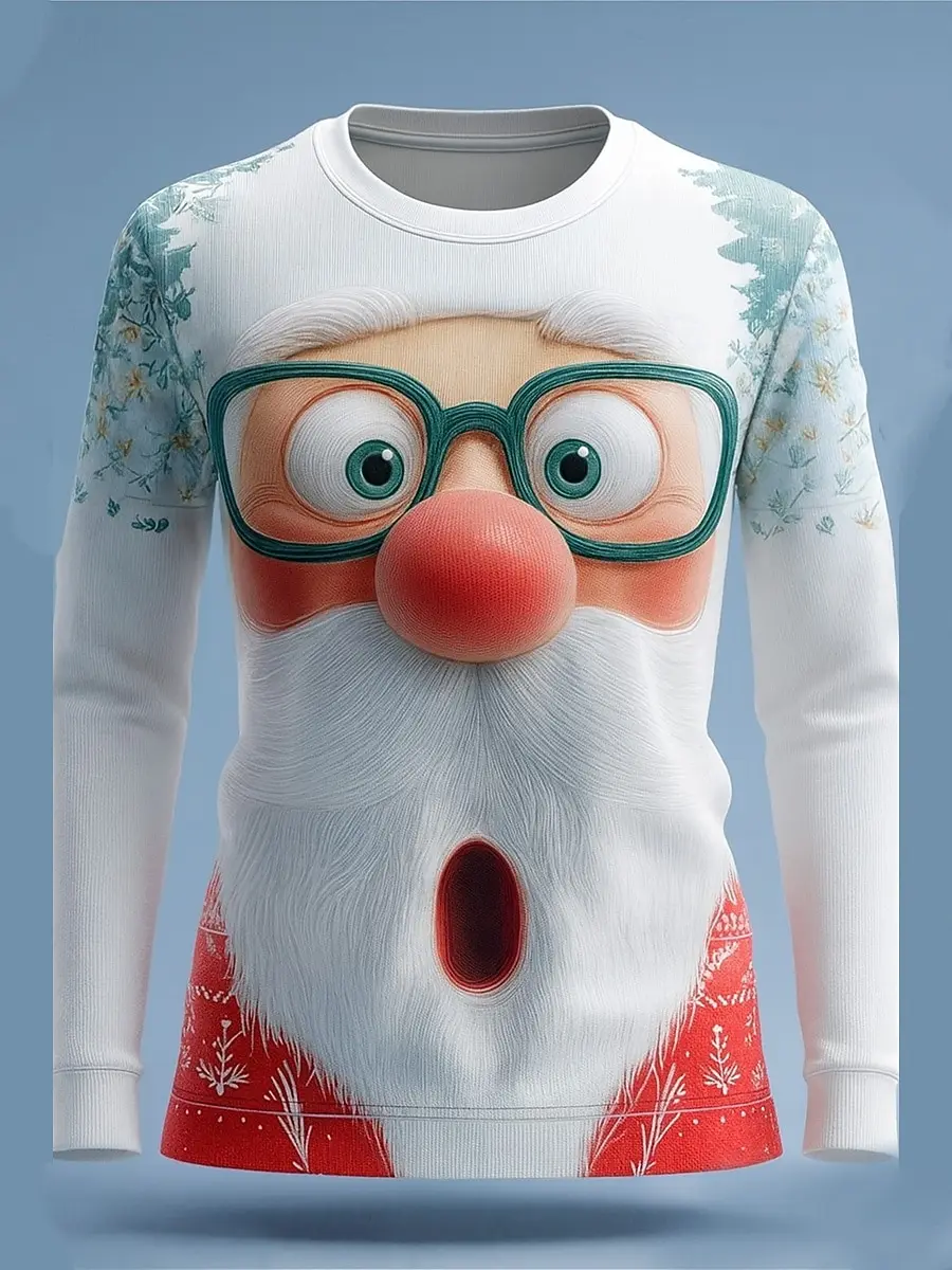 Kaos Wanita X'mas 3D Print Santa Claus Poliester Lengan Panjang Gaya Jalanan Trendi Musim Gugur Musim Dingin Kasual Kerah Bulat Atasan Pakaian