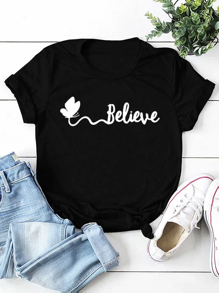 

Butterfly Believe Letter Print Women T Shirt Short Sleeve O Neck Loose Women Tshirt Ladies Tee Shirt Tops Camisetas Mujer