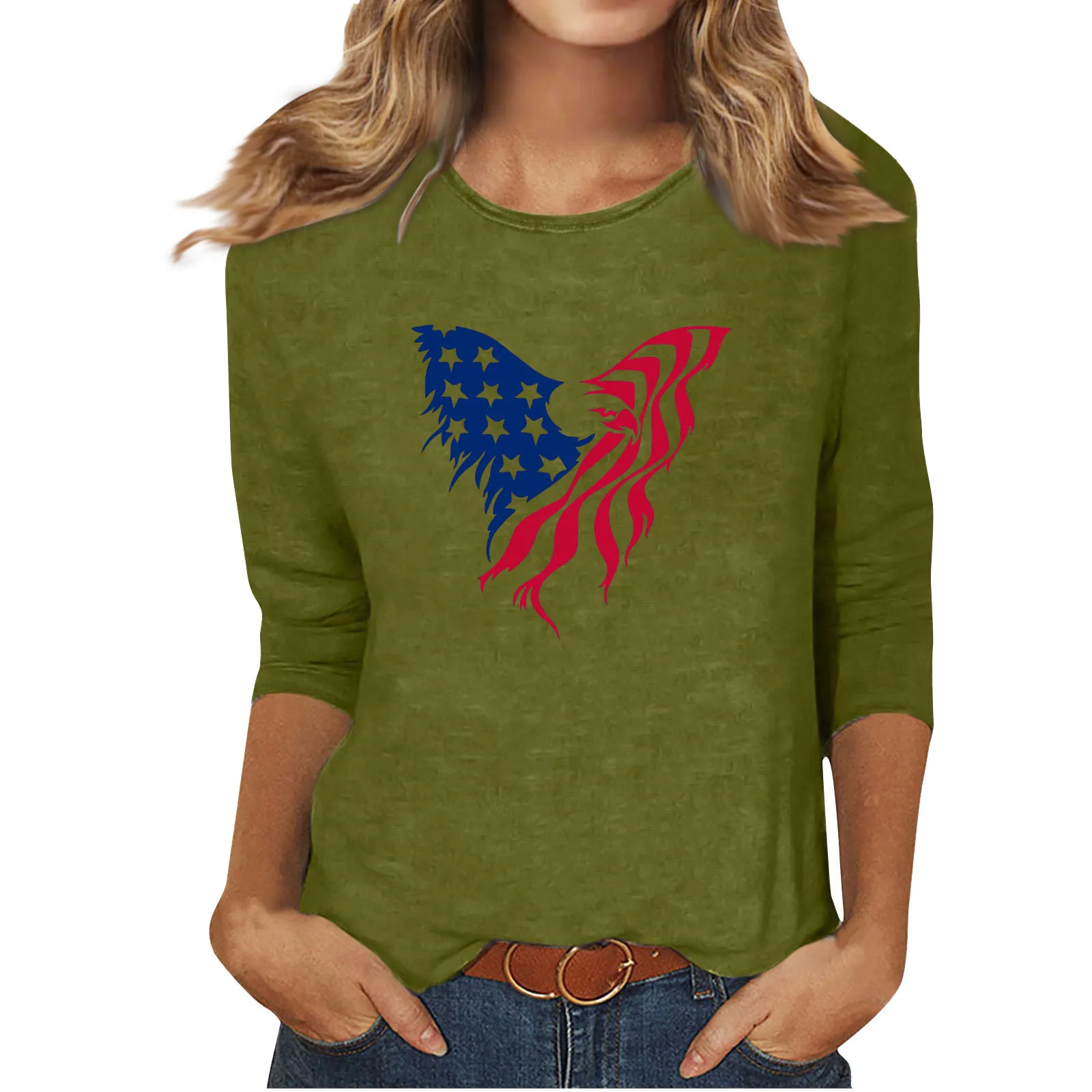 

Military green fashionable top for women's casual round neck with loose seven quarter sleeves, 2024 new minimalist print WA21